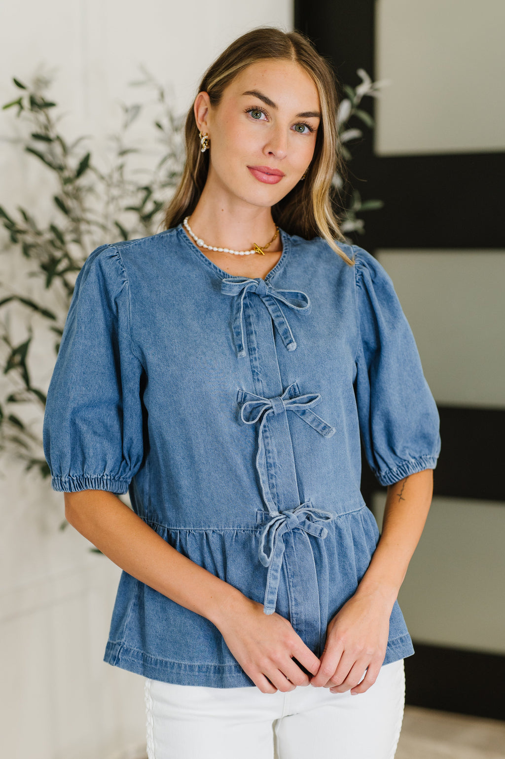 Hazel Blues® |  PREORDER: Balloon Sleeve Chambray Bow Blouse