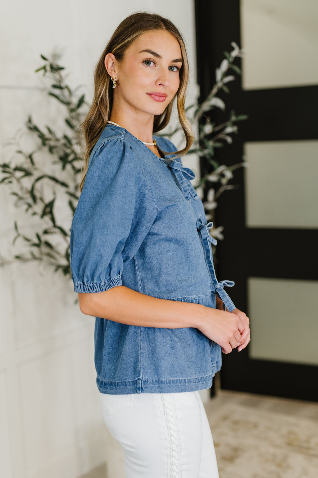 Hazel Blues® |  PREORDER: Balloon Sleeve Chambray Bow Blouse
