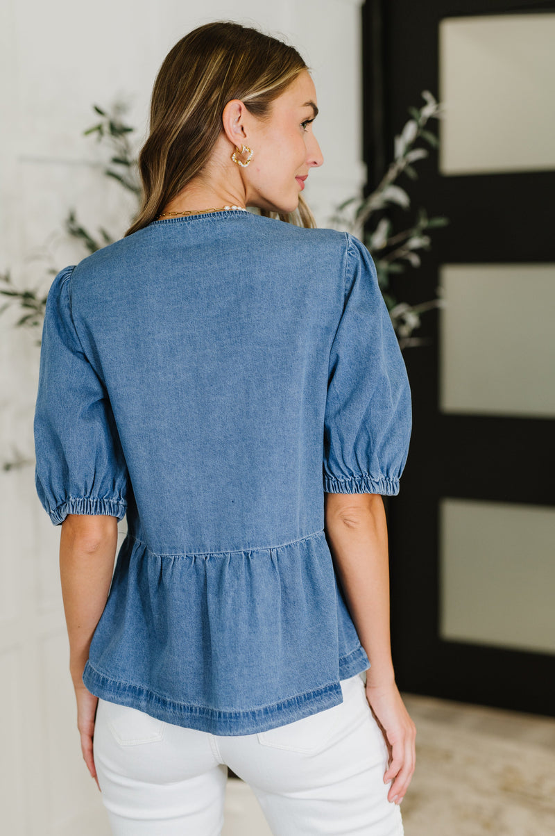 Hazel Blues® |  PREORDER: Balloon Sleeve Chambray Bow Blouse