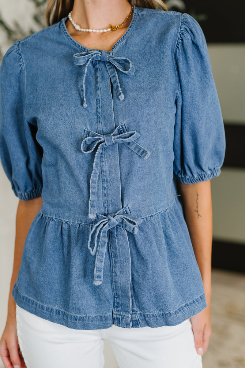 Hazel Blues® |  PREORDER: Balloon Sleeve Chambray Bow Blouse