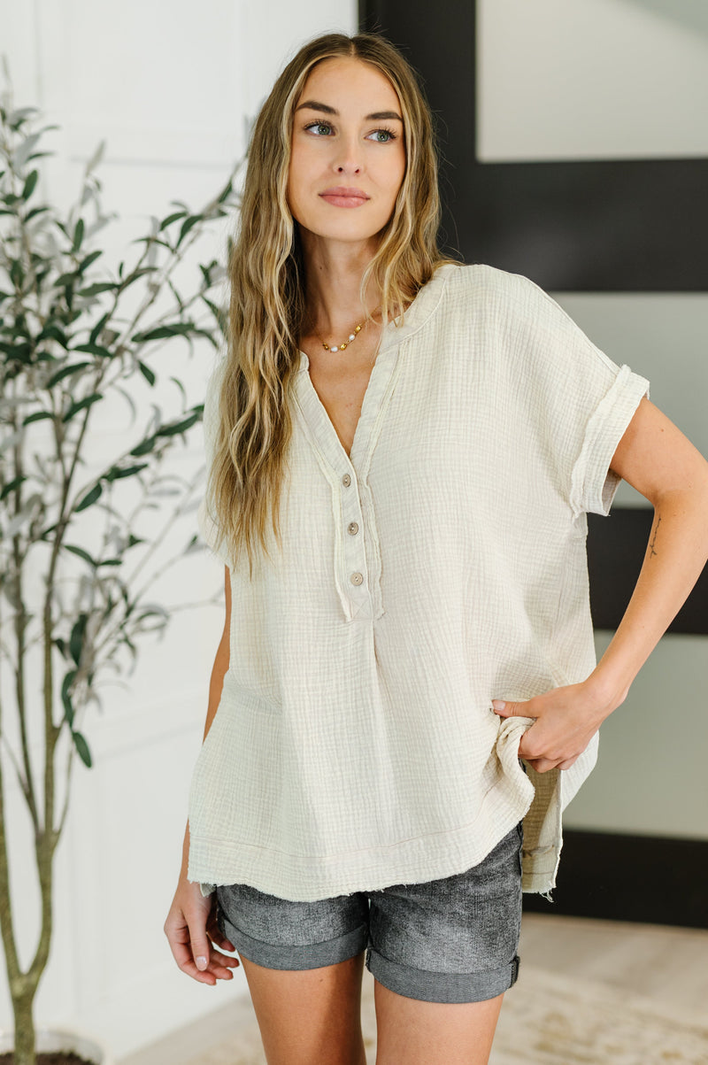 Hazel Blues® |  Basic Fade V-Neck Acid Wash Top in Sand Beige