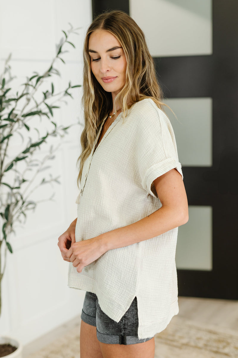 Hazel Blues® |  Basic Fade V-Neck Acid Wash Top in Sand Beige