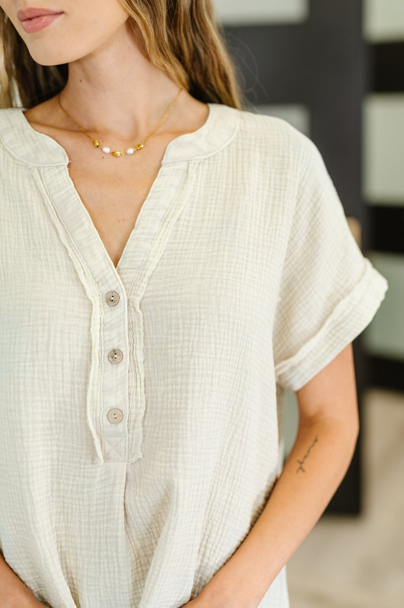 Hazel Blues® |  Basic Fade V-Neck Acid Wash Top in Sand Beige