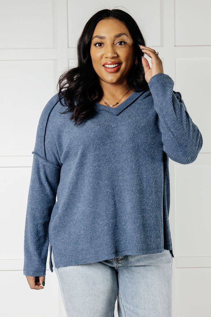 Hazel Blues® |  Basically Freezing Brushed Hacci Top in Dusty Blue