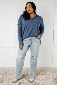 Hazel Blues® |  Basically Freezing Brushed Hacci Top in Dusty Blue