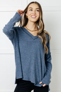 Hazel Blues® |  Basically Freezing Brushed Hacci Top in Dusty Blue