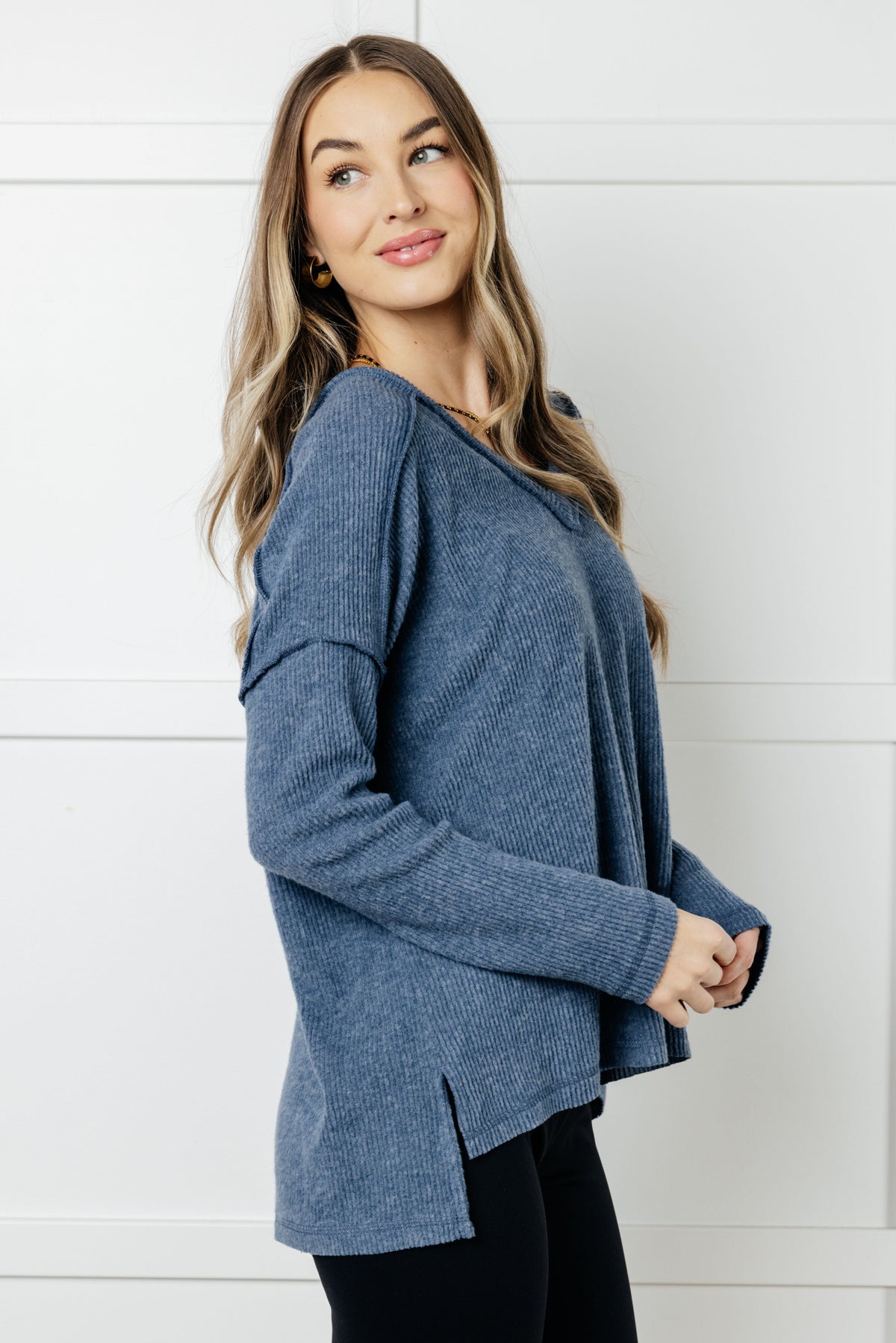 Hazel Blues® |  Basically Freezing Brushed Hacci Top in Dusty Blue