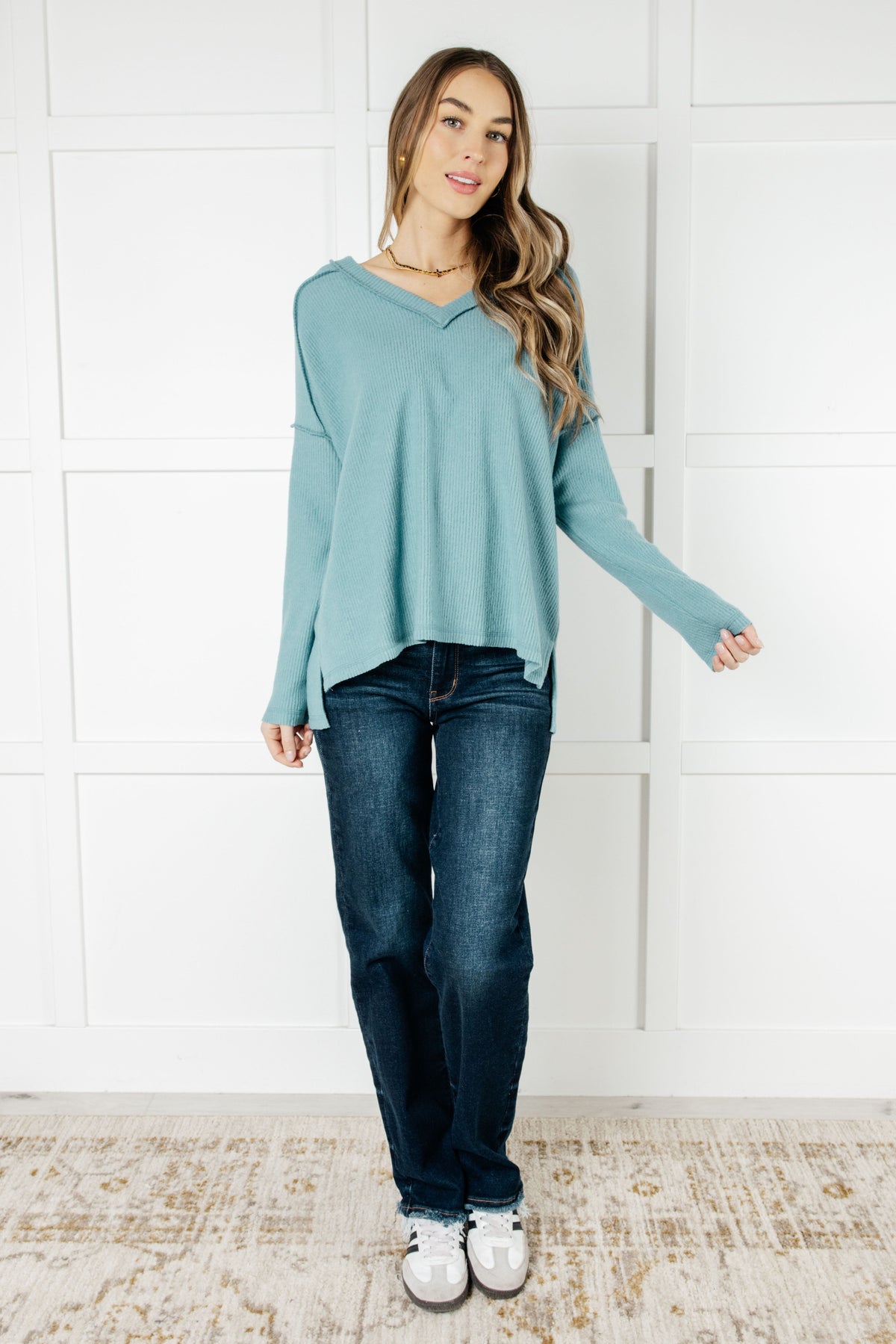 Hazel Blues® |  Basically Freezing Brushed Hacci Top in Dusty Teal