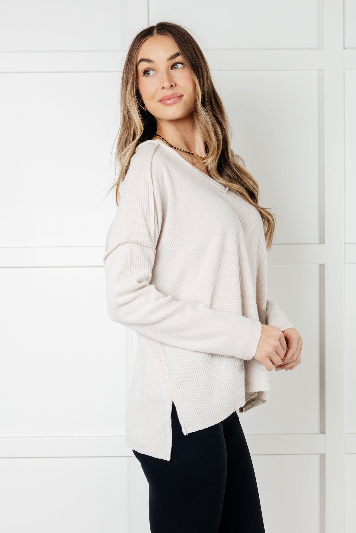 Hazel Blues® |  Basically Freezing Brushed Hacci Top in Sand Beige