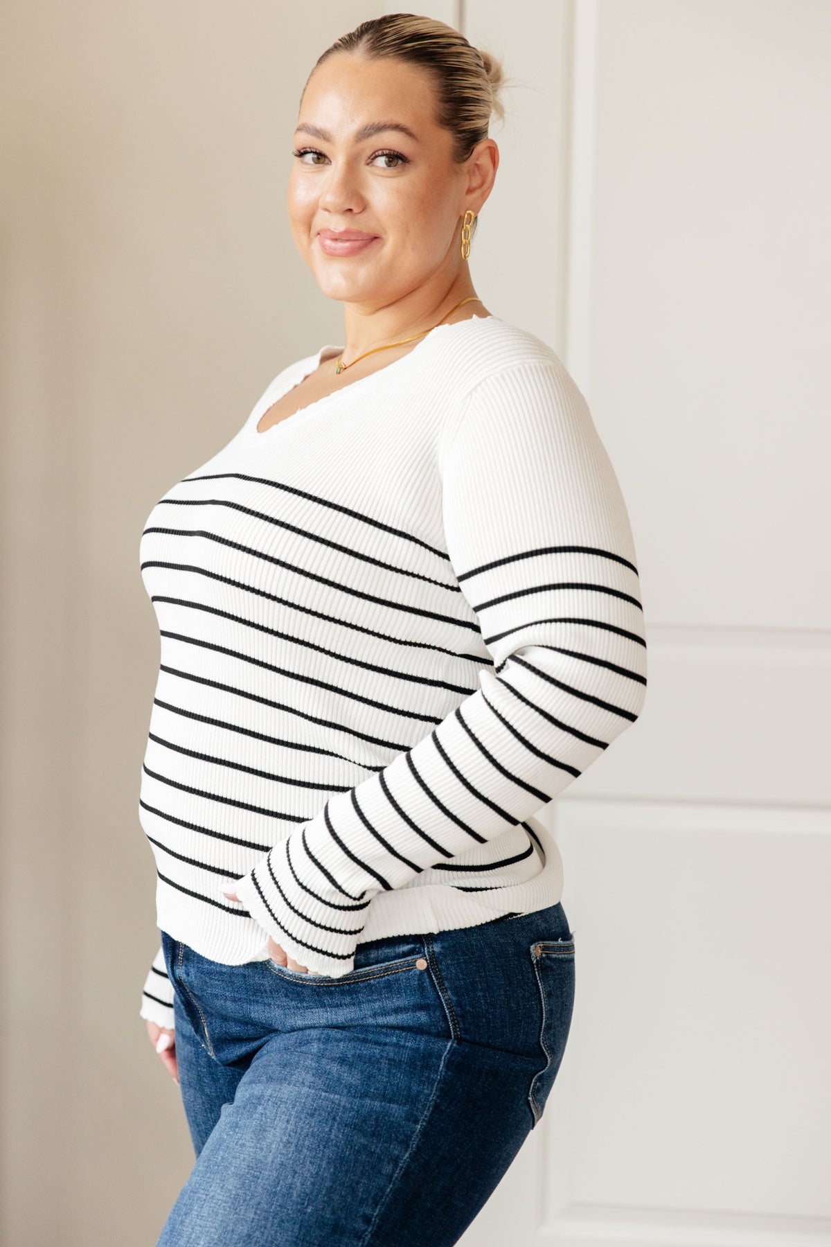 Hazel Blues® |  Be Still V-Neck Striped Sweater