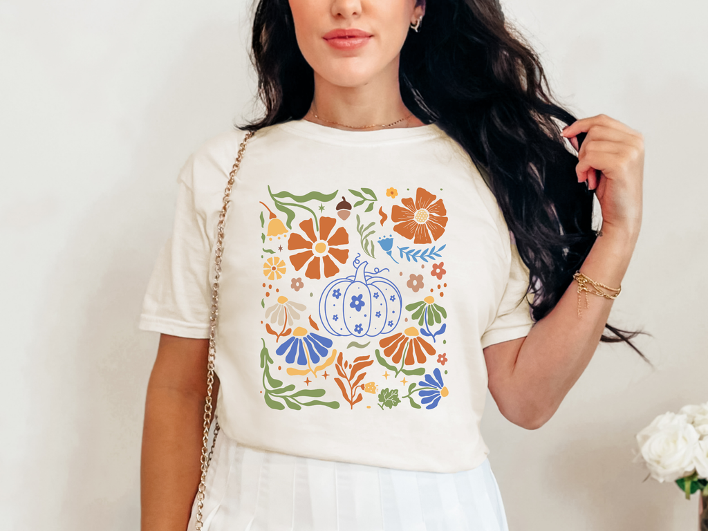 Hazel Blues® |  Blue Floral Pumpkin Graphic Tee in Two Colors