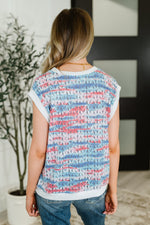 Hazel Blues® |  Blurred Beauty Textured Knit Top in Blue, Red and White
