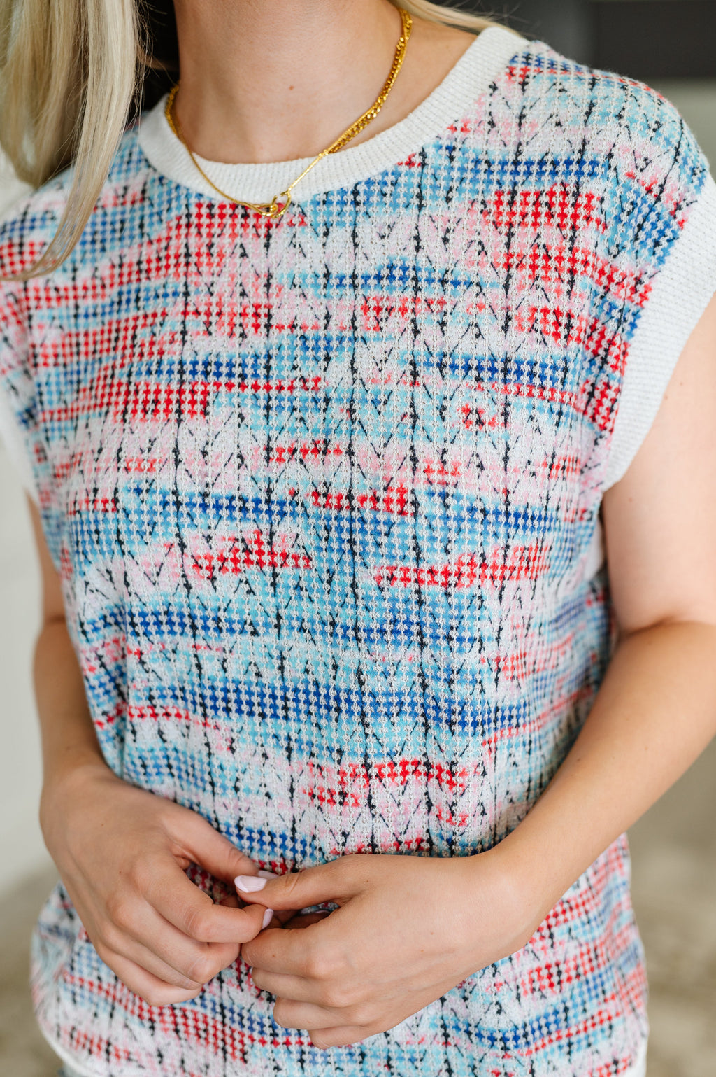 Hazel Blues® |  Blurred Beauty Textured Knit Top in Blue, Red and White