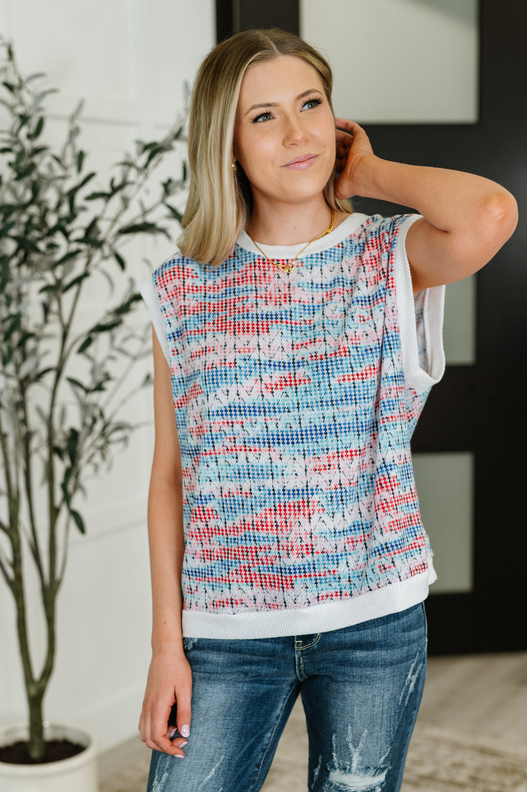 Hazel Blues® |  Blurred Beauty Textured Knit Top in Blue, Red and White