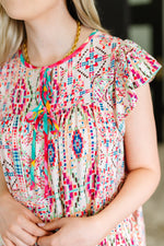 Hazel Blues® |  Boho and Behold Flutter Sleeve Dress in Blush/Fuchsia/Mint