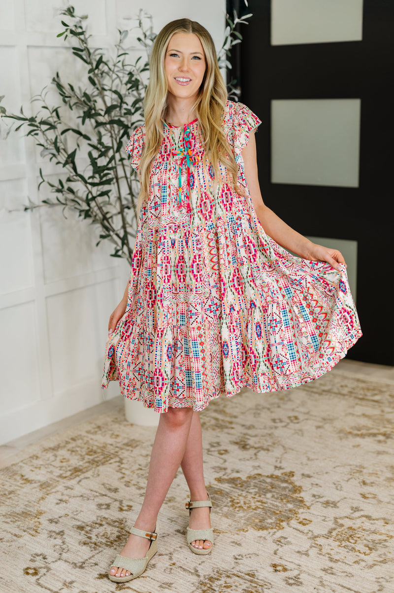 Hazel Blues® |  Boho and Behold Flutter Sleeve Dress in Blush/Fuchsia/Mint