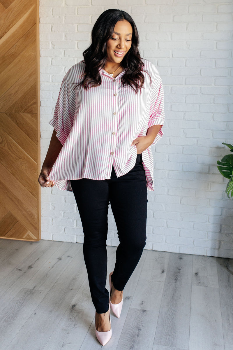 Hazel Blues® |  Boxy Striped Button Up in Hot Pink