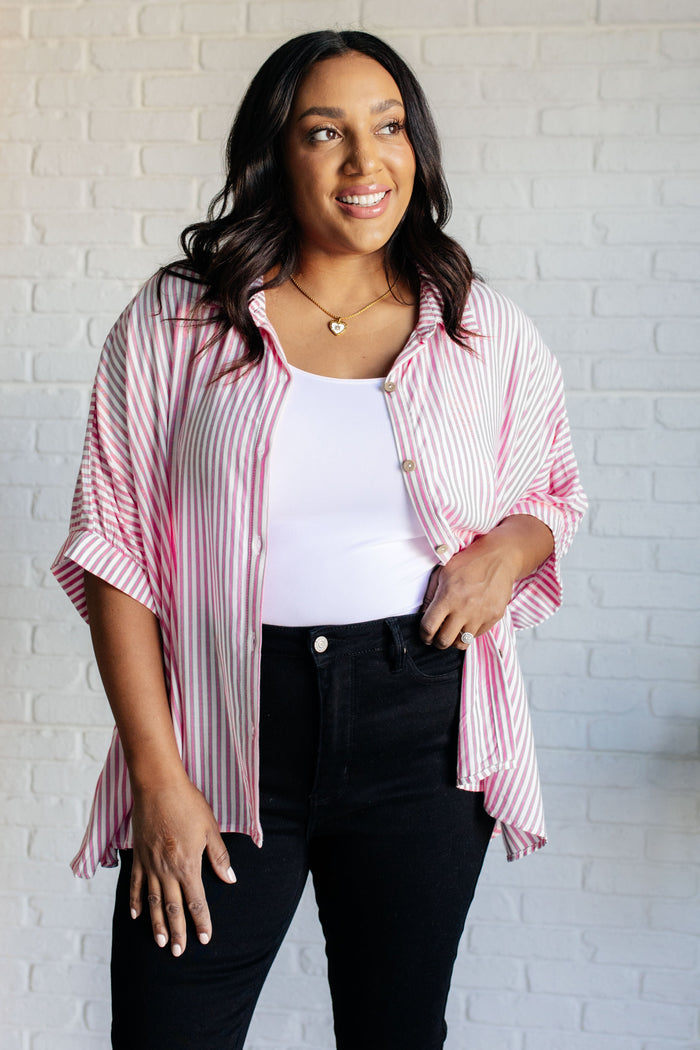 Hazel Blues® |  Boxy Striped Button Up in Hot Pink