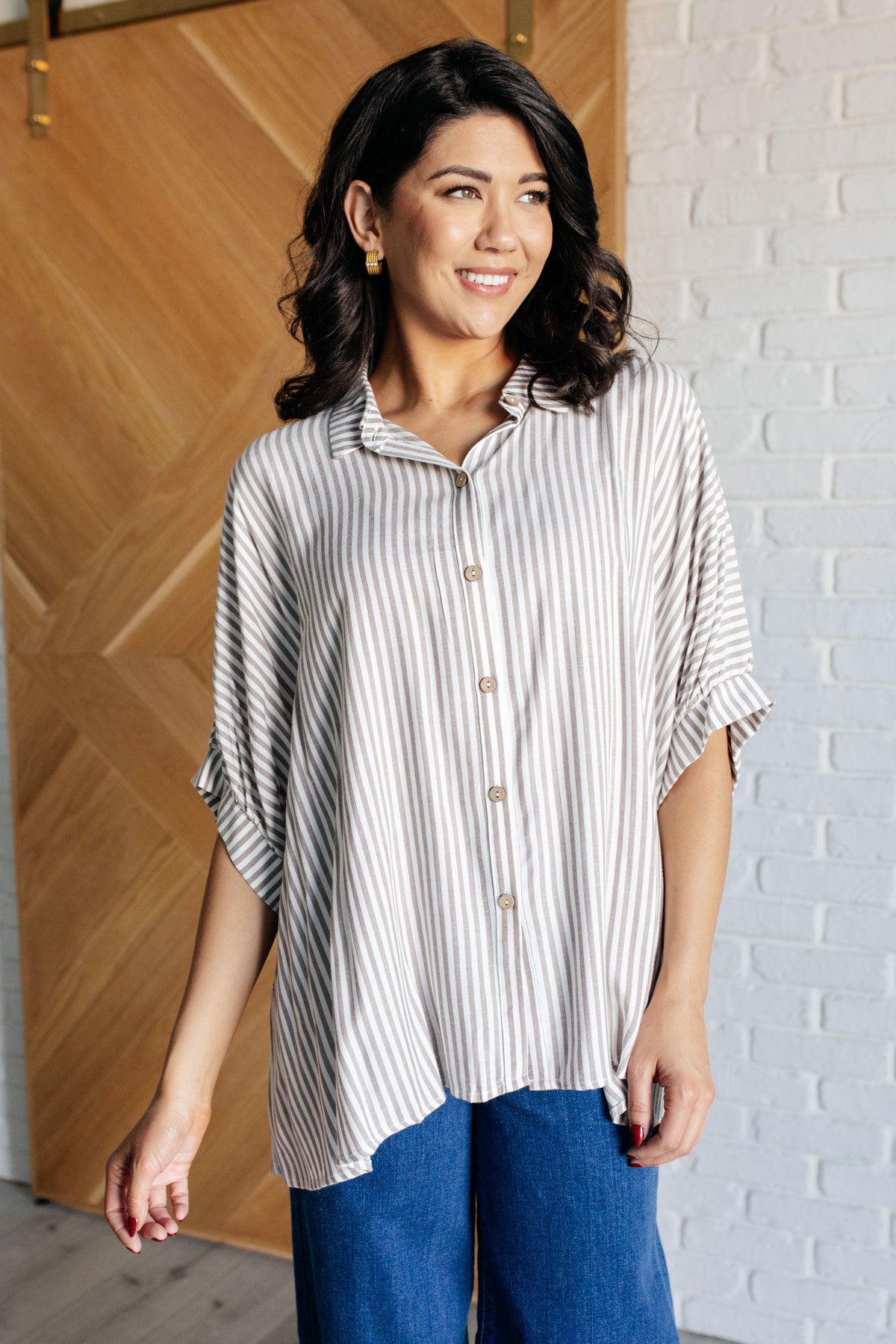 Hazel Blues® |  Boxy Striped Button Up in Mocha