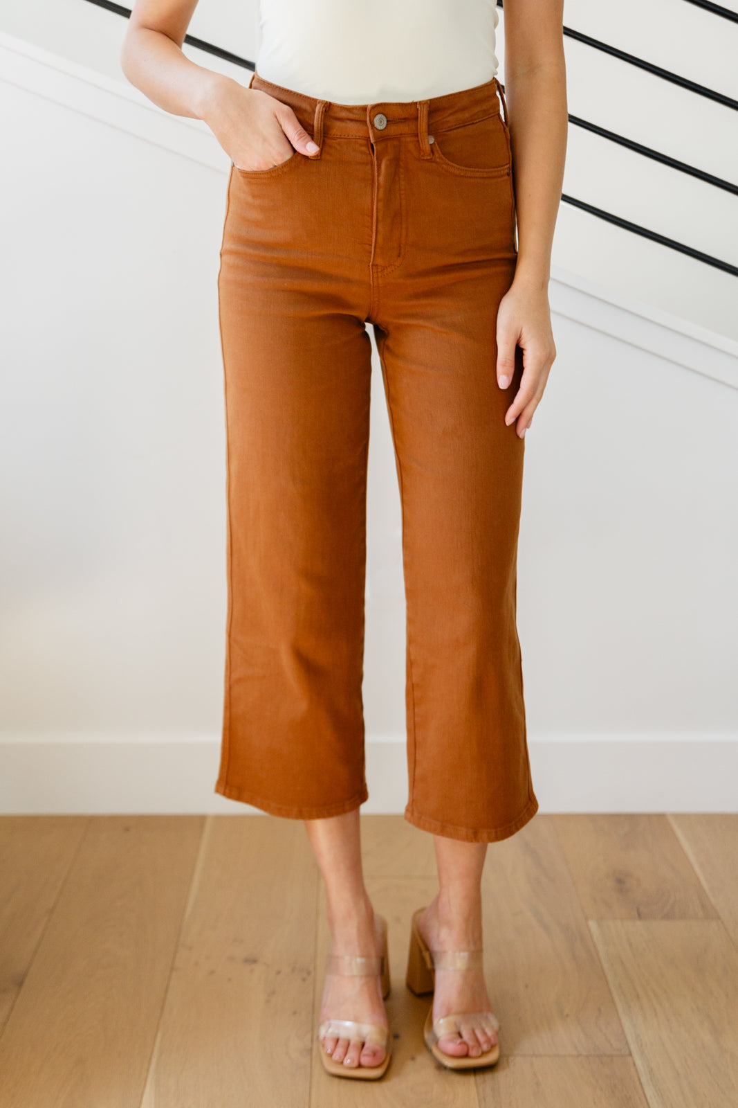 Hazel Blues® |  Briar High Rise Control Top Wide Leg Crop Jeans in Camel