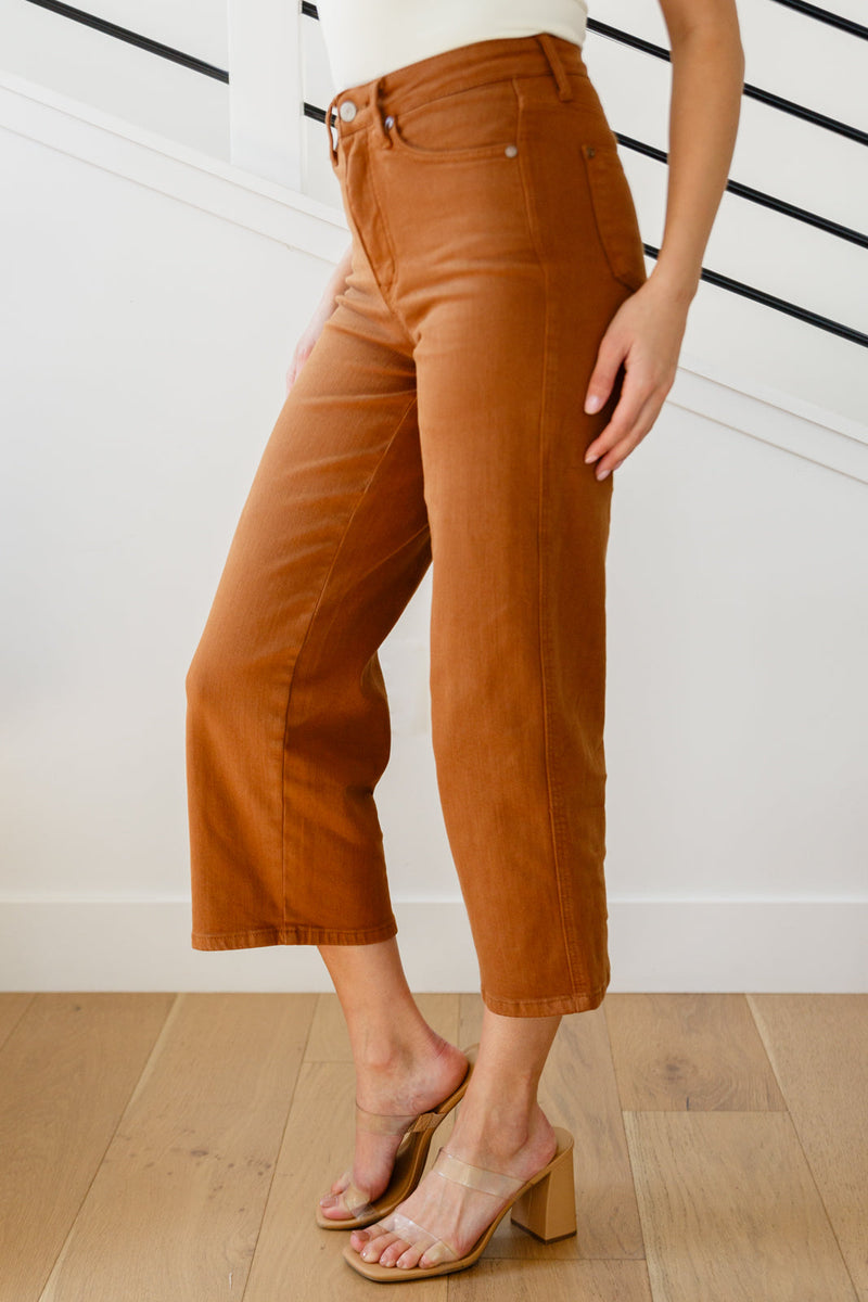 Hazel Blues® |  Briar High Rise Control Top Wide Leg Crop Jeans in Camel