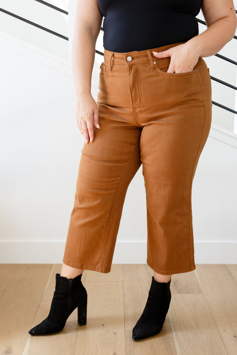 Hazel Blues® |  Briar High Rise Control Top Wide Leg Crop Jeans in Camel