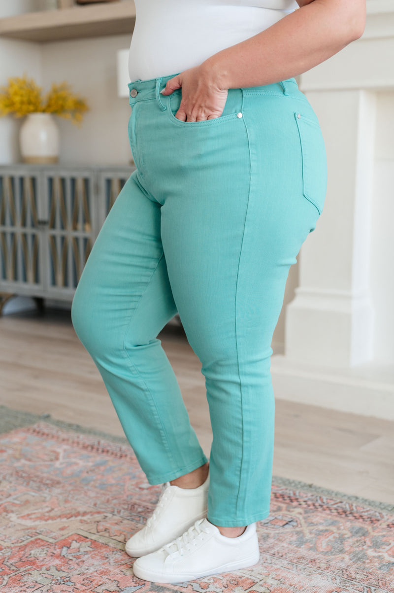 Hazel Blues® |  Bridgette High Rise Garment Dyed Slim Jeans in Aquamarine