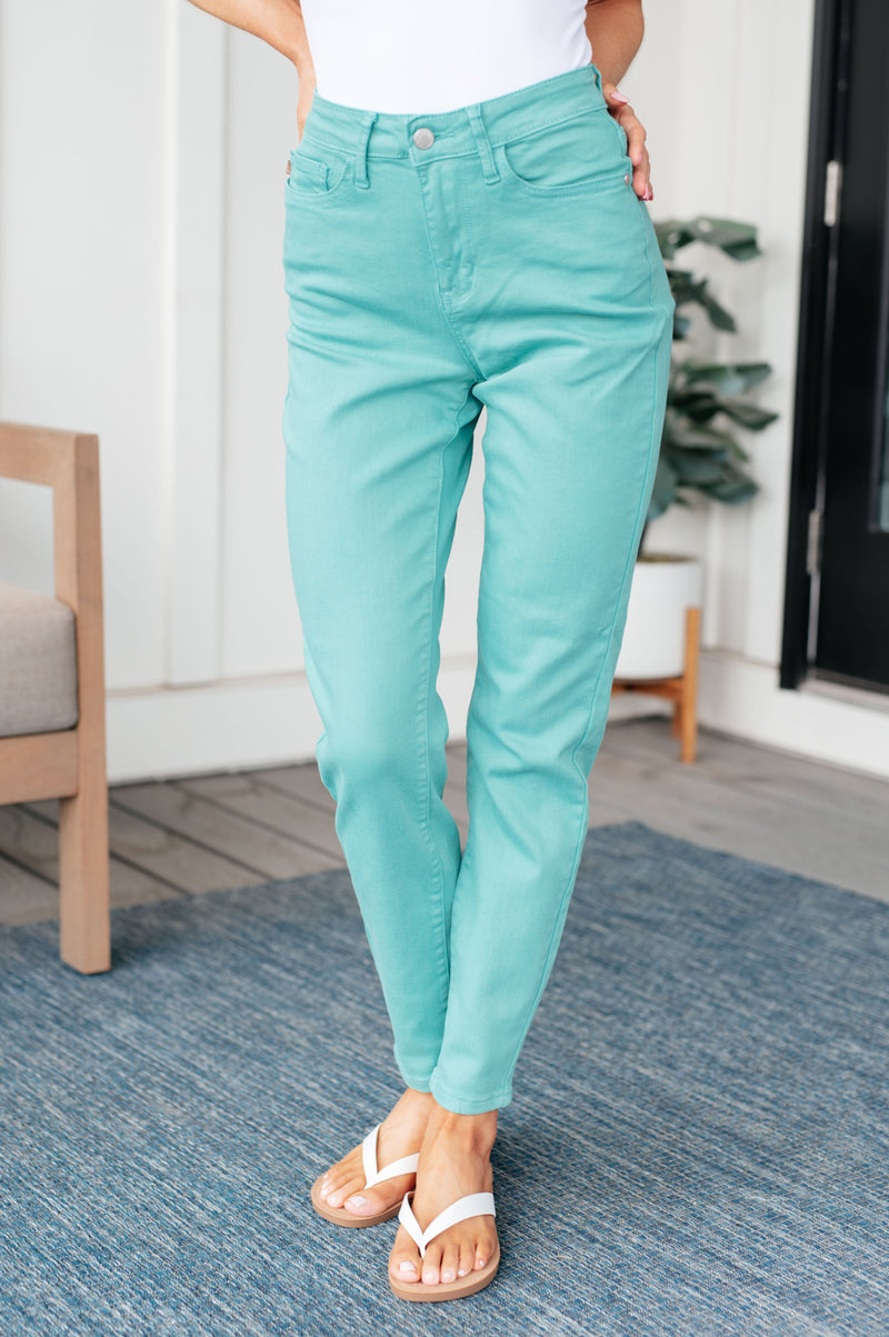 Hazel Blues® |  Bridgette High Rise Garment Dyed Slim Jeans in Aquamarine