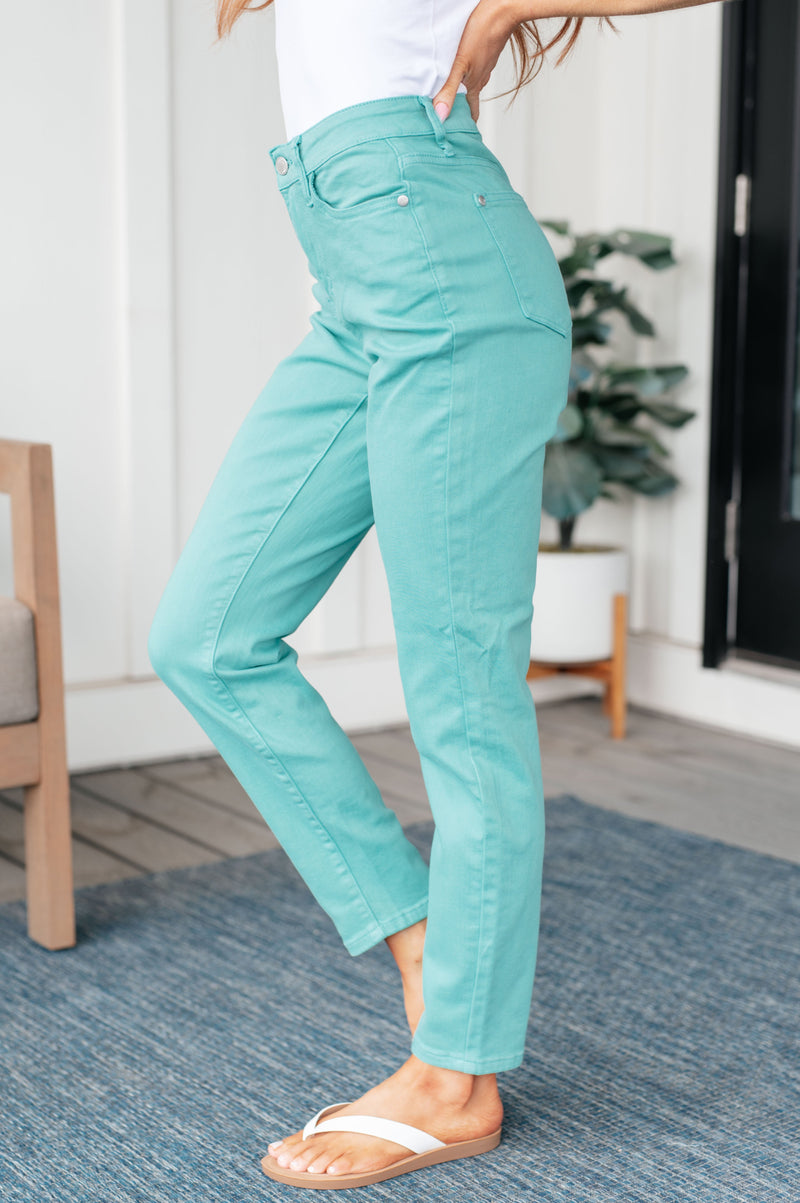 Hazel Blues® |  Bridgette High Rise Garment Dyed Slim Jeans in Aquamarine