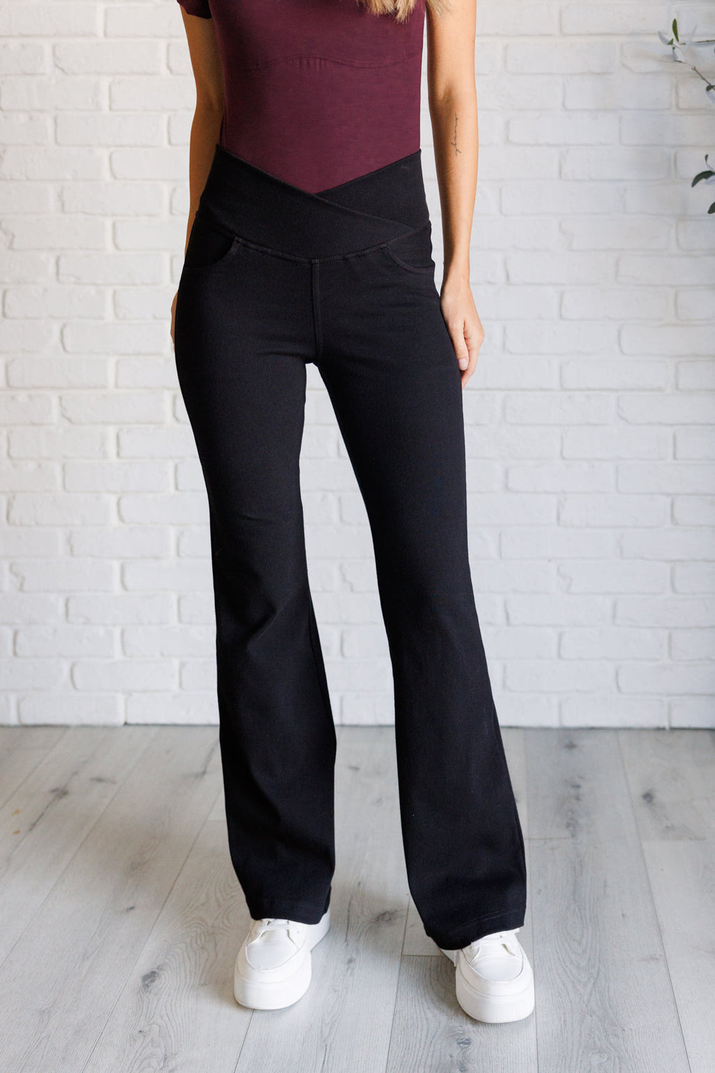 Hazel Blues® |  Building Habits Twill Flared Crossover Waist Pant in Black