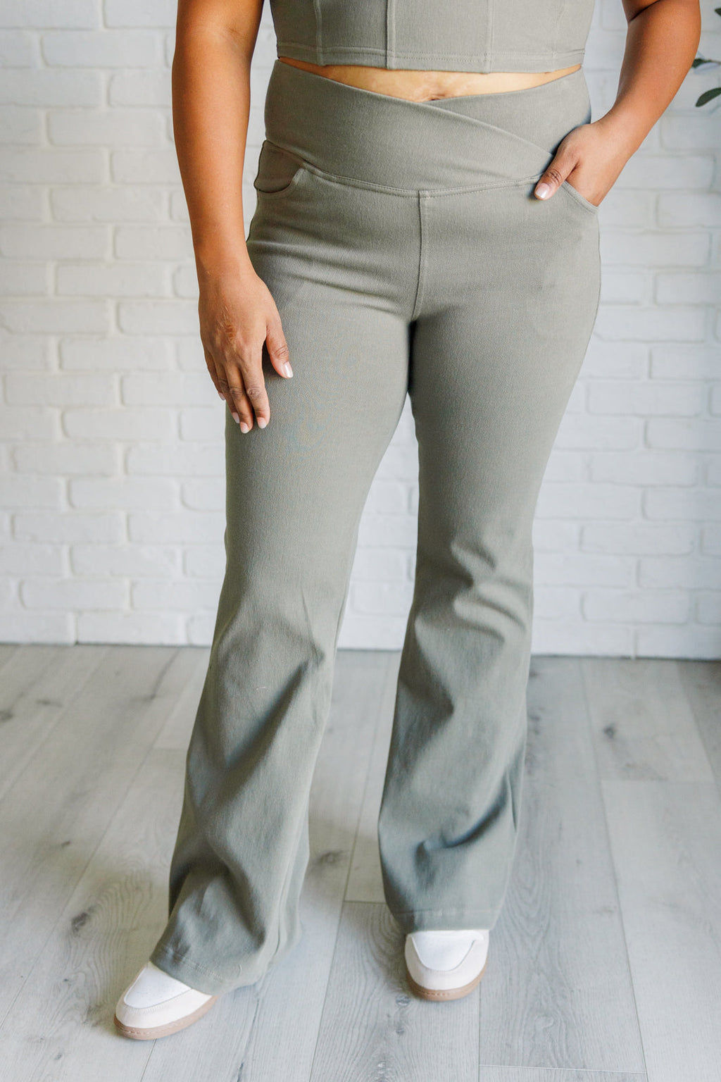 Hazel Blues® |  Building Habits Twill Flared Crossover Waist Pant in Dusty Olive