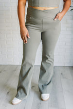 Hazel Blues® |  Building Habits Twill Flared Crossover Waist Pant in Dusty Olive