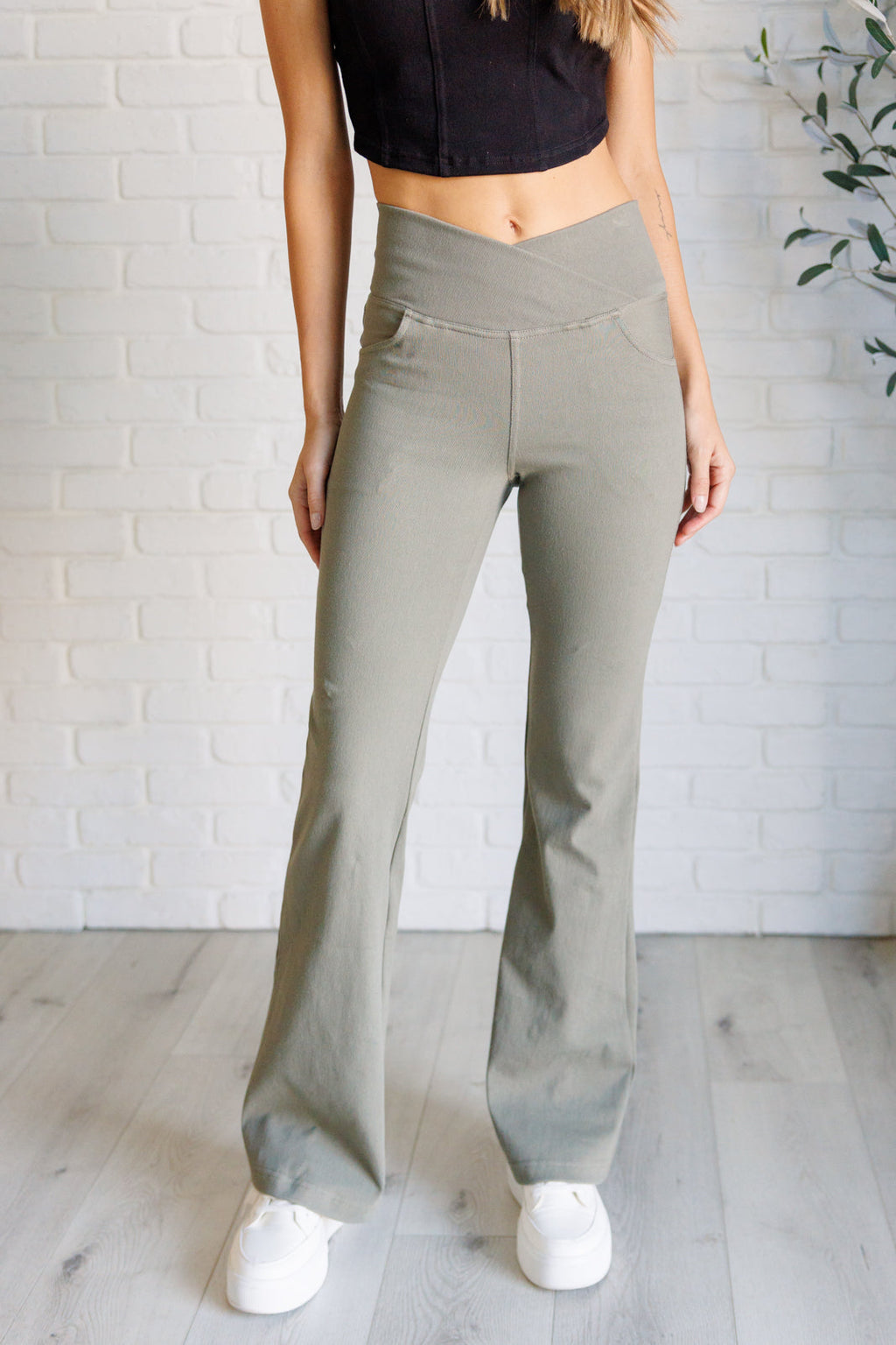 Hazel Blues® |  Building Habits Twill Flared Crossover Waist Pant in Dusty Olive