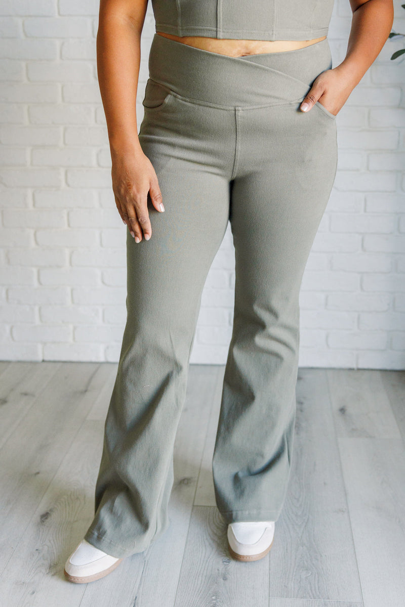 Hazel Blues® |  Building Habits Twill Flared Crossover Waist Pant in Dusty Olive
