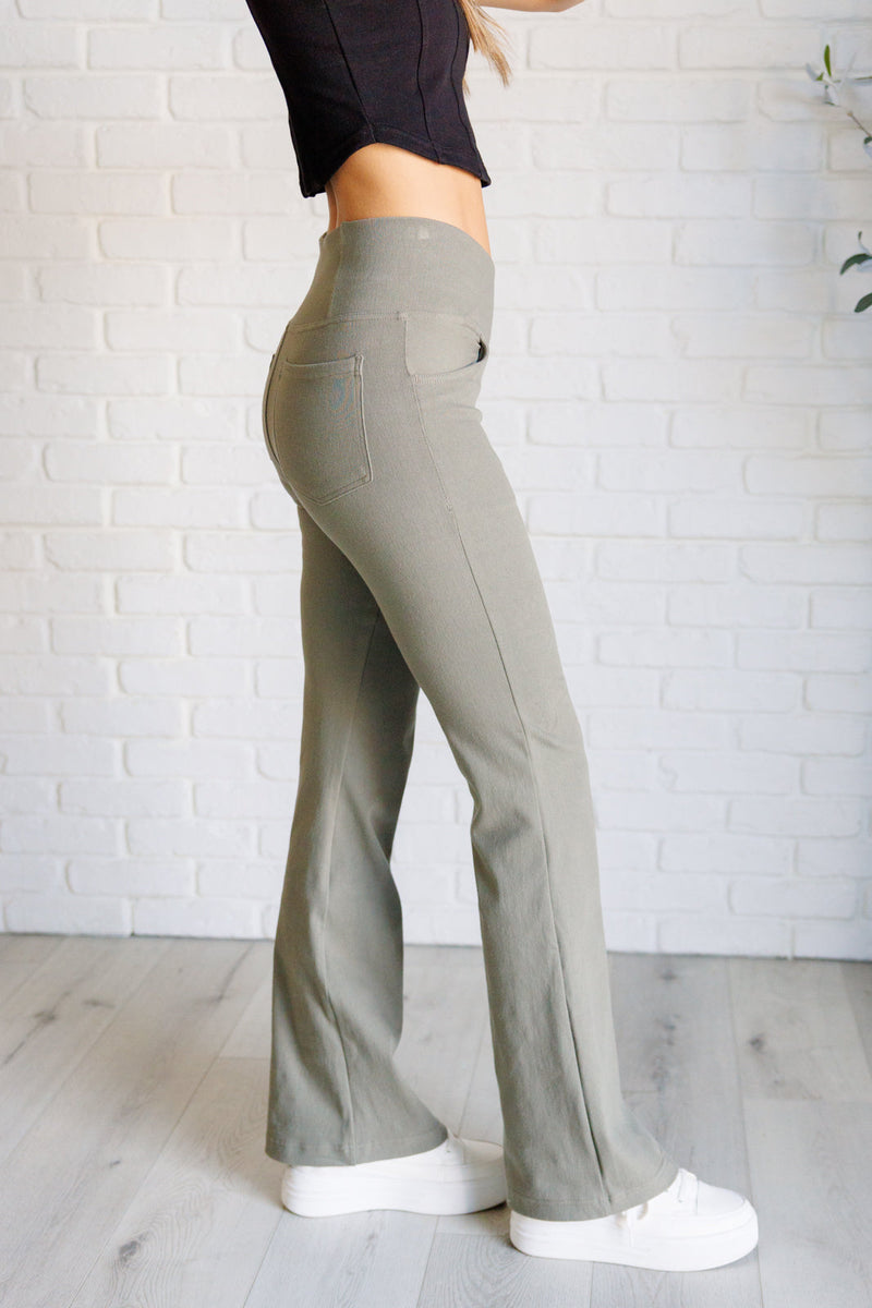 Hazel Blues® |  Building Habits Twill Flared Crossover Waist Pant in Dusty Olive