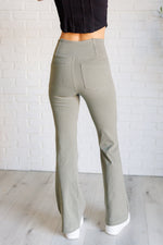 Hazel Blues® |  Building Habits Twill Flared Crossover Waist Pant in Dusty Olive