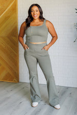 Hazel Blues® |  Building Habits Twill Flared Crossover Waist Pant in Dusty Olive