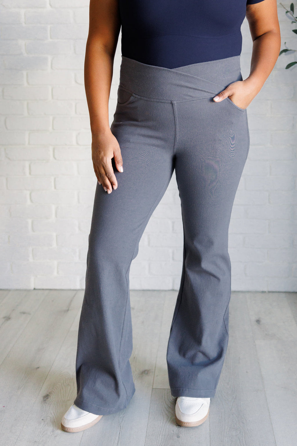 Hazel Blues® |  Building Habits Twill Flared Crossover Waist Pant in Titanium