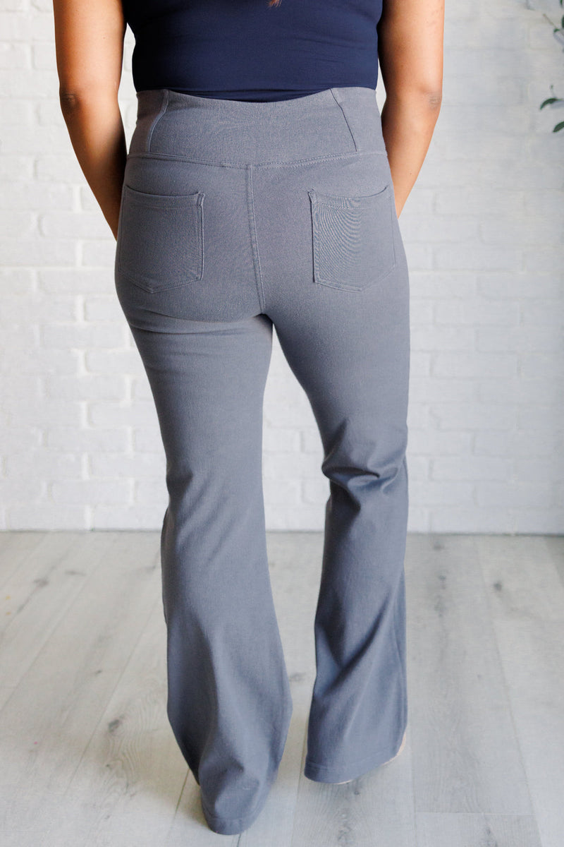 Hazel Blues® |  Building Habits Twill Flared Crossover Waist Pant in Titanium