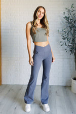 Hazel Blues® |  Building Habits Twill Flared Crossover Waist Pant in Titanium