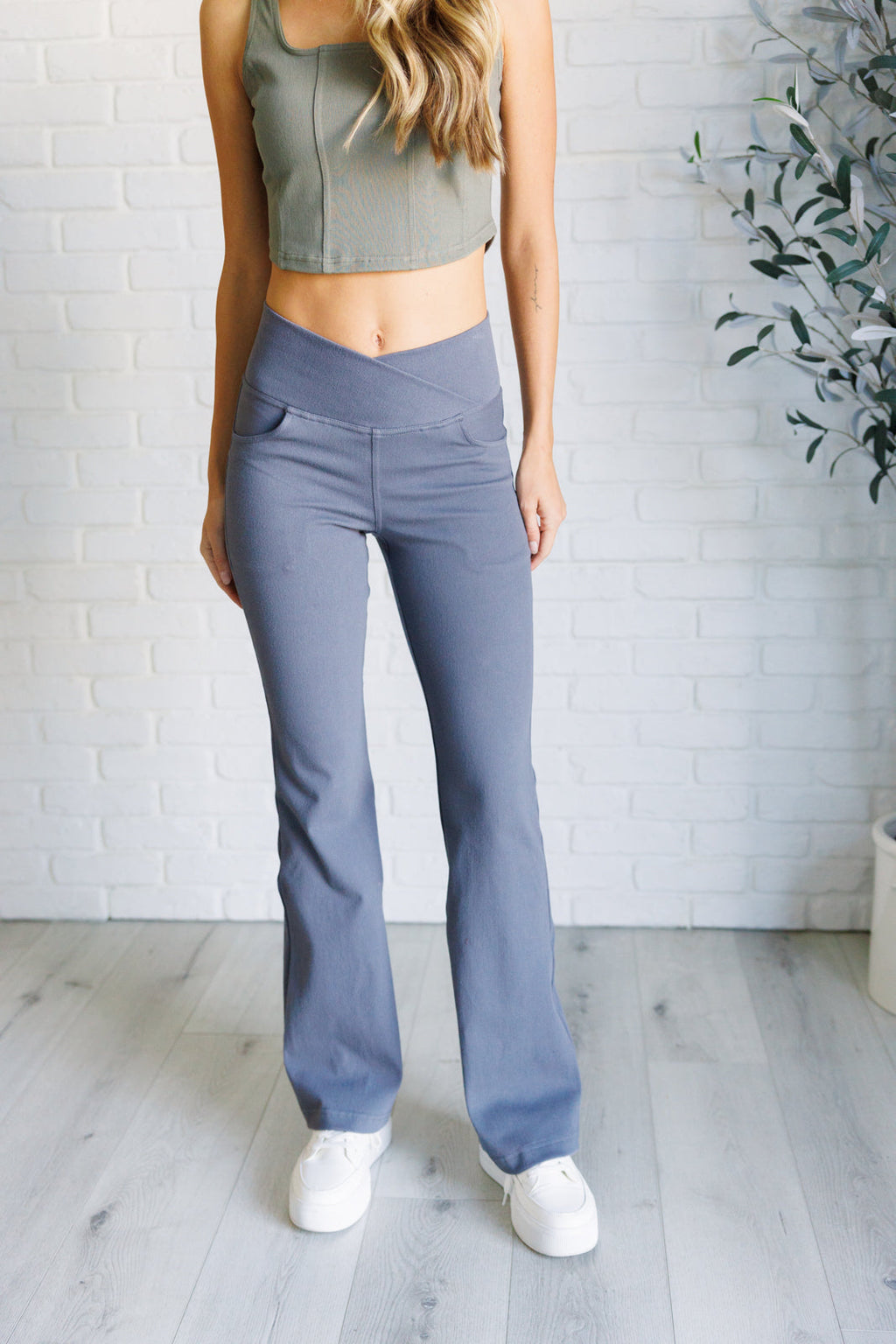 Hazel Blues® |  Building Habits Twill Flared Crossover Waist Pant in Titanium