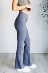 Hazel Blues® |  Building Habits Twill Flared Crossover Waist Pant in Titanium