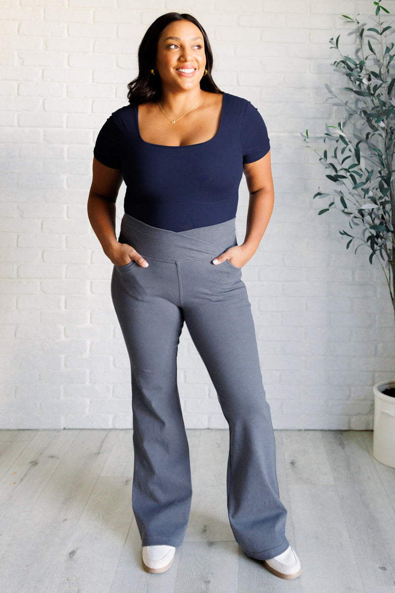 Hazel Blues® |  Building Habits Twill Flared Crossover Waist Pant in Titanium