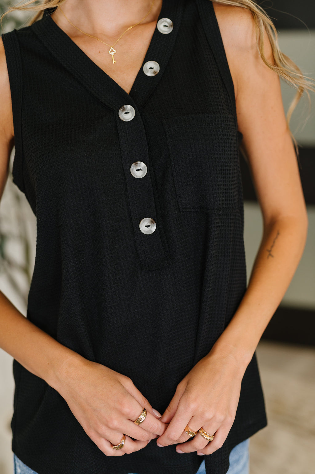 Hazel Blues® |  Buttoned Up Buttercup Sleeveless Top in Black