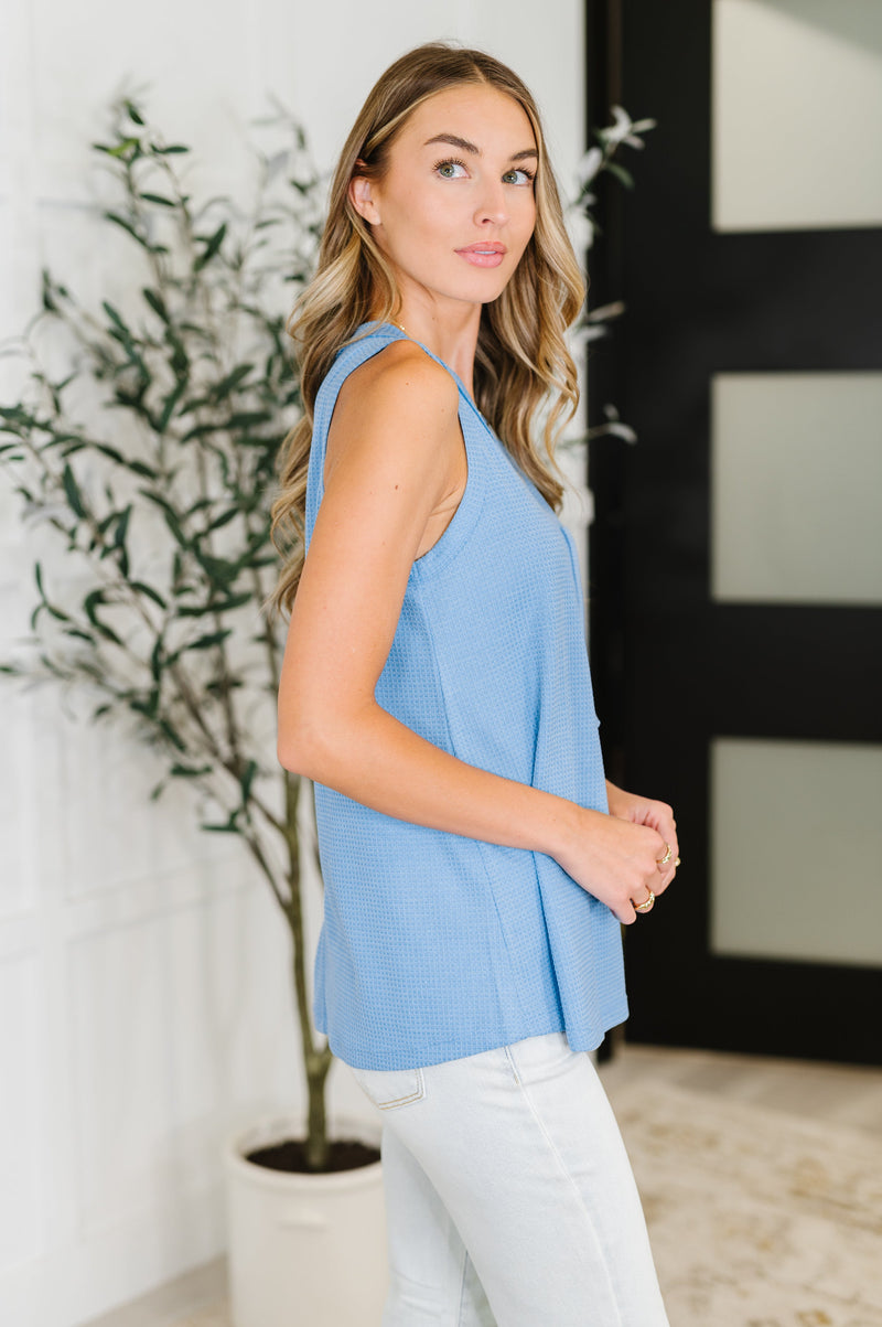 Hazel Blues® |  Buttoned Up Buttercup Sleeveless Top in Ocean Blue
