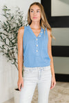 Hazel Blues® |  Buttoned Up Buttercup Sleeveless Top in Ocean Blue