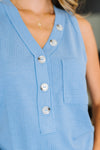 Hazel Blues® |  Buttoned Up Buttercup Sleeveless Top in Ocean Blue