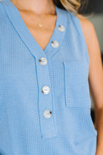 Hazel Blues® |  Buttoned Up Buttercup Sleeveless Top in Ocean Blue