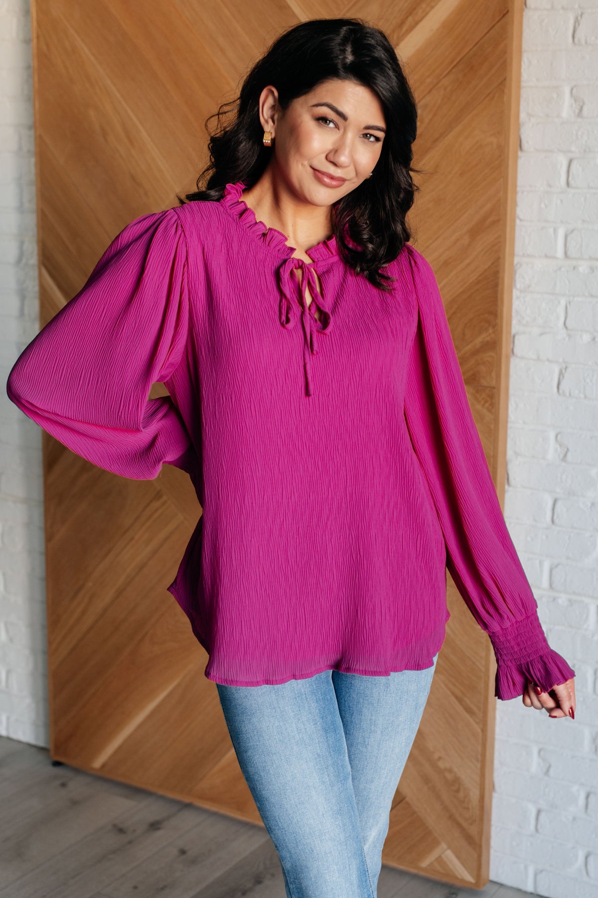 Hazel Blues® |  Candid Moment Ruffle Neckline Blouse