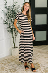 Hazel Blues® |  PREORDER: Cap Sleeve Maxi Dress in Black and Tan Stripe